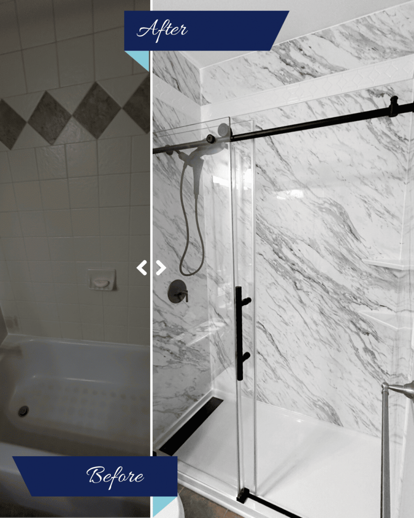Before and after of a Tub-to-Shower Conversion in Woodstock, GA